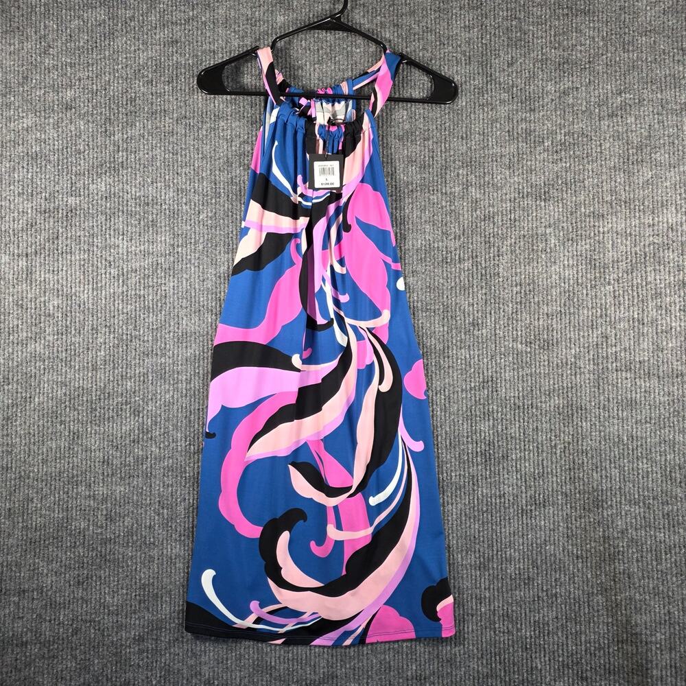 Trina Turk Halter Dress Large NWT Blue Pink Abstract Print Resort